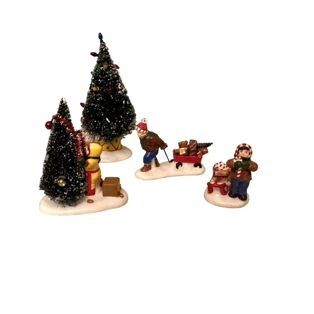 Christmas Village Accessories Multicolor Figurines Set Children Trees Wagon Sled